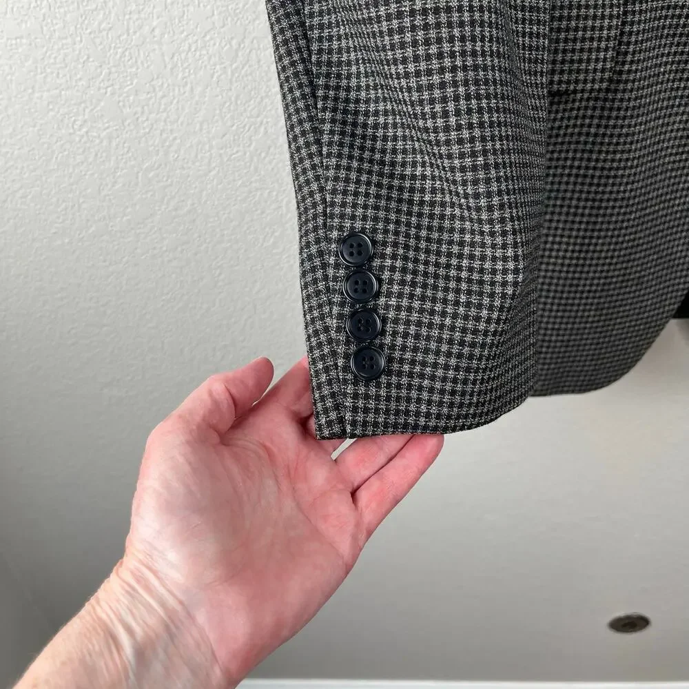 Vintage 80s 90s Haggar Black Tan Houndstooth Tweed Blazer Sport Coat 42L USA